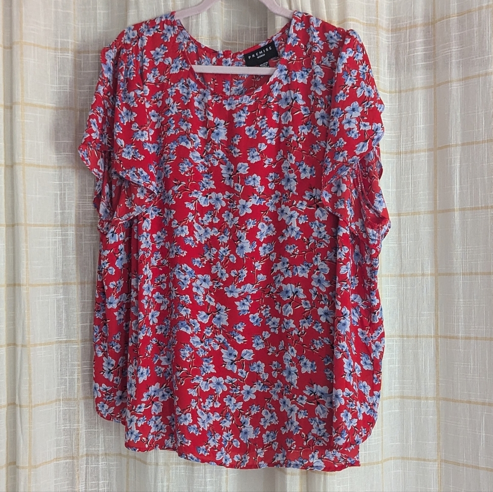 Red And Blue Floral Blouse With Button Back And Short Sleeves, NWOT  Size 3X